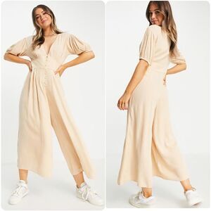 ASOS DESIGN crinkle tea jumpsuit with puff sleeve in stone